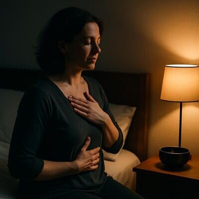 Persona adulta che pratica una breve scansione corporea prima di dormire, luce calda e atmosfera tranquilla.