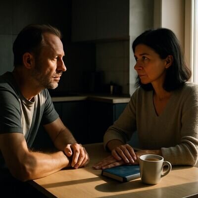 Due persone adulte si confrontano con calma, suggerendo ascolto e confini sani in un legame intenso.