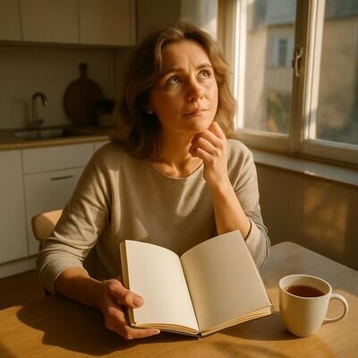 Una donna adulta riflette al mattino dopo un sogno intenso, atmosfera luminosa e calma.