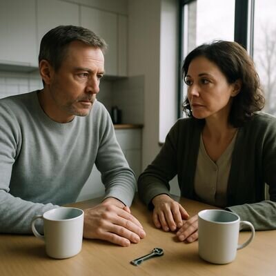 Due partner parlano con calma in cucina, gesto di ascolto e connessione.