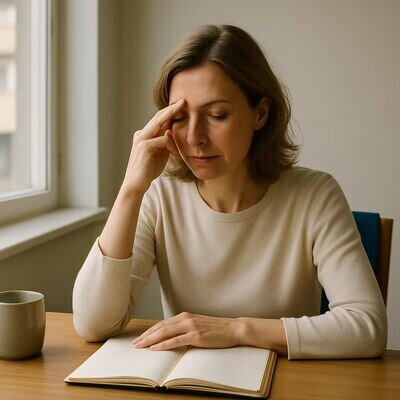 Una persona in un ambiente luminoso che pratica una pausa consapevole, simbolo di discernimento e intuizione.