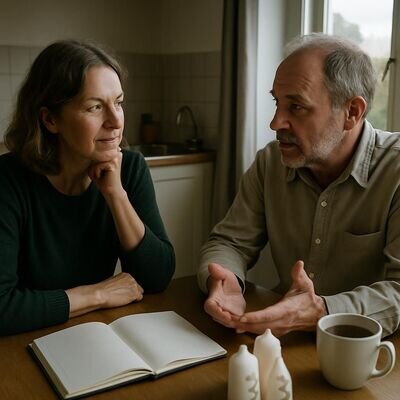 Due persone in dialogo calmo su un tavolo, con tre candele spente e un&rsquo;agenda aperta: spiritualit&agrave; e concretezza insieme.