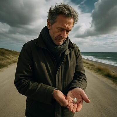 Un uomo adulto si ferma in natura e osserva un dettaglio, come gesto di presenza e riconoscenza.