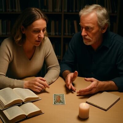 Due persone adulte osservano una carta simbolica e ne parlano con calma, come pratica di orientamento.