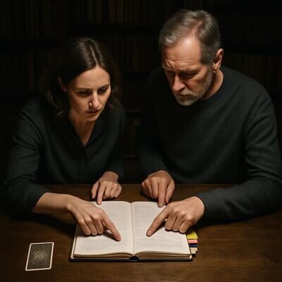Due persone adulte confrontano appunti e un quaderno in una biblioteca, atmosfera di riflessione e sostegno.