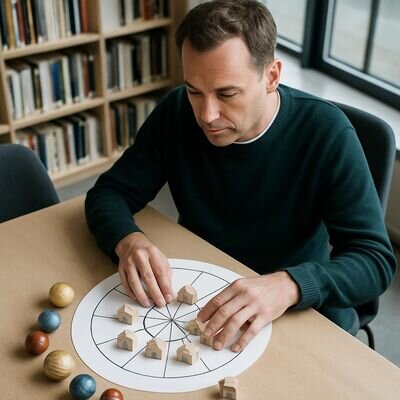 Un adulto osserva una mappa astrologica con il simbolo della Casa 10, in un contesto professionale luminoso.