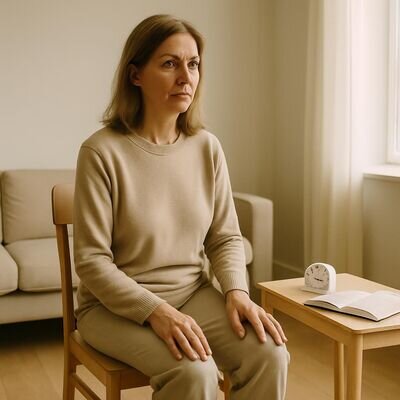 Una persona adulta prepara una breve sessione di meditazione su sedia con timer e quaderno in un ambiente domestico luminoso.