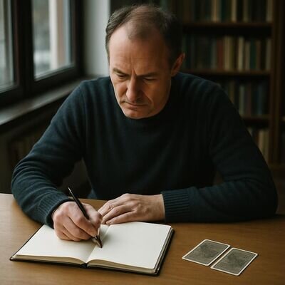Una persona riflette scrivendo in un quaderno in un ambiente tranquillo e luminoso, con aria di chiarezza.