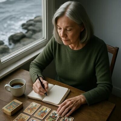 Una donna prende appunti dopo una lettura, con le carte sullo sfondo, atmosfera calma e positiva.