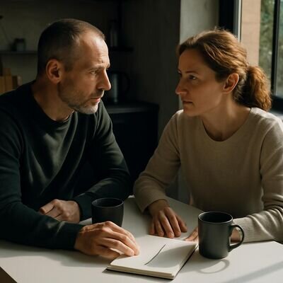 Due partner parlano con calma, esprimendo bisogni e limiti in modo rispettoso.
