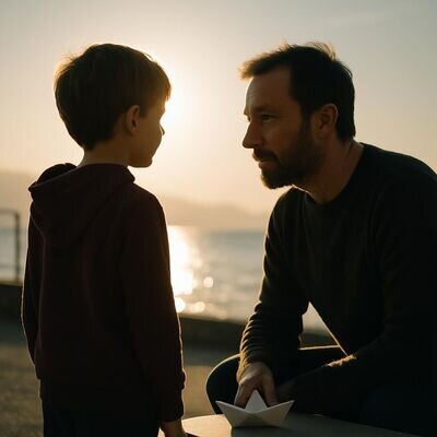 Un adulto osserva con attenzione un bambino, suggerendo cura e vulnerabilit&agrave; come messaggi del sogno.