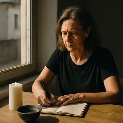 Una persona adulta scrive un&rsquo;intenzione di rilascio in un quaderno, in un ambiente luminoso e ordinato.