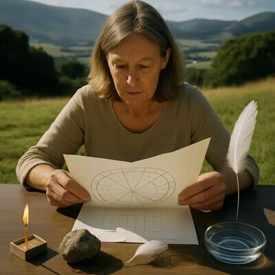 Persona matura studia una carta astrologica con oggetti simbolici dei quattro elementi su una scrivania luminosa.