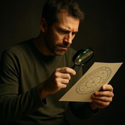 Un uomo osserva un tema natale con una lente, concentrandosi sui gradi del segno.