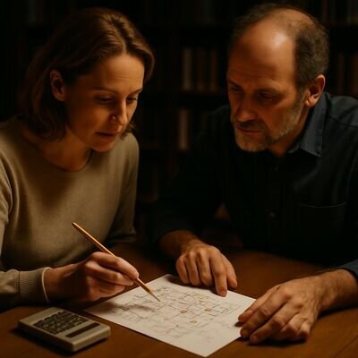 Due persone adulte conversano in modo calmo, con un foglio di calcolo numerologico tra loro.