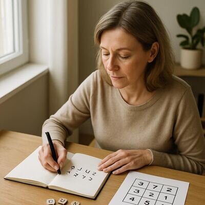 Persona che annota lettere e numeri su un quaderno, atmosfera chiara e concentrata.