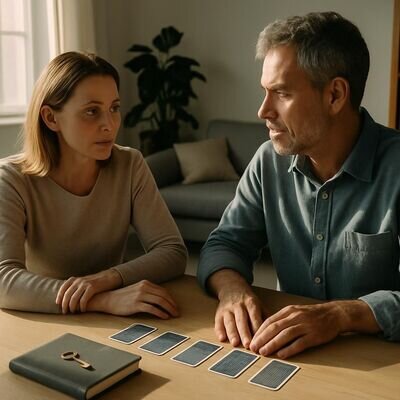 Due persone in un ambiente luminoso mentre parlano con calma, con carte appoggiate sul tavolo e un taccuino chiuso a simboleggiare la riservatezza.