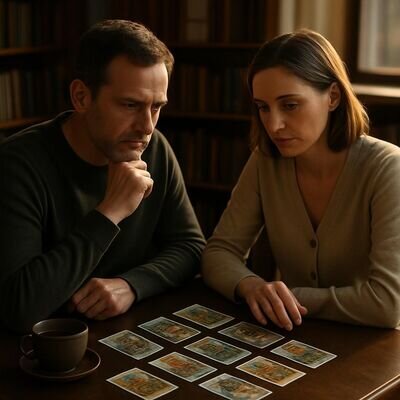 Un uomo e una donna riflettono in silenzio dopo una lettura, con carte disposte in modo sobrio e una tazza di t&egrave;, atmosfera rassicurante.