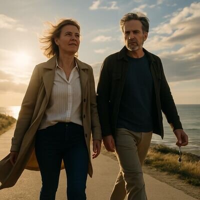 Due persone camminano verso un nuovo inizio in un paesaggio ampio, con un dettaglio simbolico legato al 5.