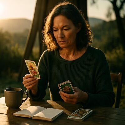 Una persona osserva con calma le carte appena estratte, in un ambiente domestico luminoso.