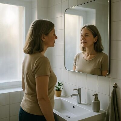 Una persona adulta si guarda allo specchio con espressione calma, in un bagno luminoso e ordinato.
