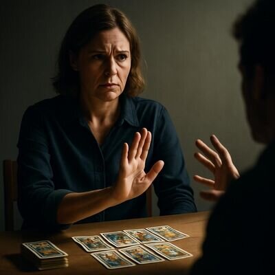 Persona pensierosa che rifiuta con garbo un approccio pressante durante un colloquio, simboli delle carte sul tavolo.