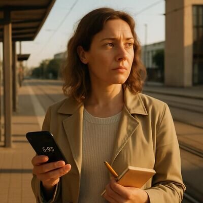 Una persona nota il 555 sul telefono e riflette su una scelta imminente, atmosfera luminosa e realistica.