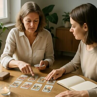 Una consulente mostra alcune carte delle Sibille a una cliente in un ambiente luminoso e accogliente.