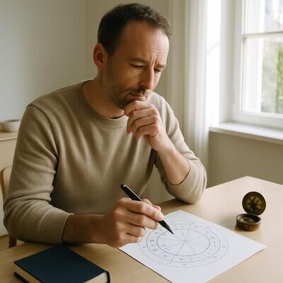 Una persona adulta osserva una carta del cielo su un quaderno, in un ambiente luminoso e reale.