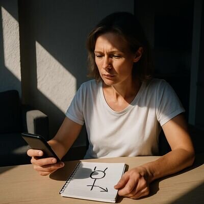 Una persona controlla con calma un messaggio importante e una nota scritta, in un contesto luminoso e ordinato.