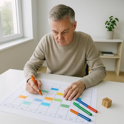 Persona che pianifica il mese su un calendario, integrando obiettivi e pause in modo realistico.