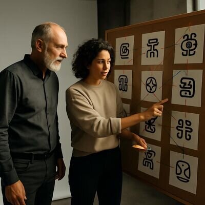 Due persone confrontano simboli e appunti su glifi Maya con approccio rispettoso e moderno.
