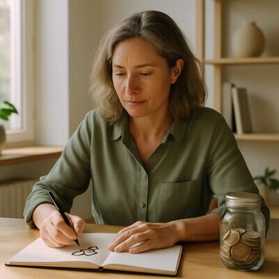 Una persona osserva un taccuino con cifre e simboli, concentrata e serena, collegando numerologia e scelte pratiche.