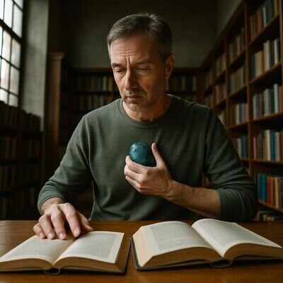 Un uomo riflette su una decisione davanti a una libreria, con un cristallo blu in mano.