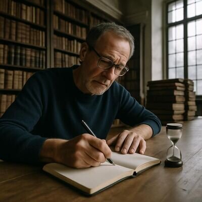 Un uomo maturo scrive su un diario in una biblioteca luminosa, concentrato e sereno.