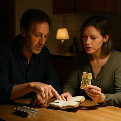 Due persone confrontano la carta del giorno in un&rsquo;atmosfera serena e reale, senza drammi.