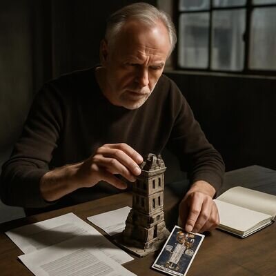 Una persona riorganizza documenti e un piccolo modellino di torre, simbolo di ricostruzione dopo un cambiamento.