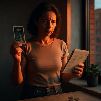 Una persona osserva carte e appunti, cercando chiarezza su decisioni pratiche legate al denaro.