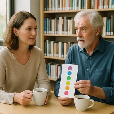 Due persone adulte parlano in modo sereno in un ambiente luminoso, come simbolo di orientamento e accompagnamento.