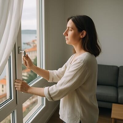 Una persona apre una finestra ampia e luminosa, simbolo di chiarezza e respiro.