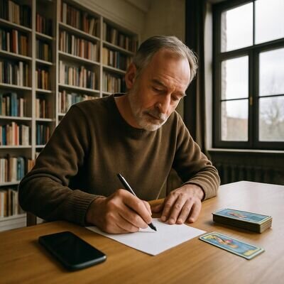 Un uomo maturo prepara una domanda e prende appunti prima di un consulto, telefono e carte accanto.