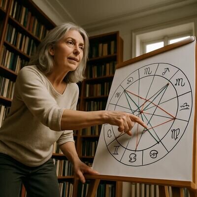Una consulente indica connessioni tra pianeti su un grande foglio, con linee colorate che richiamano congiunzioni e trigoni.