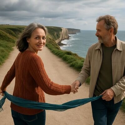 Una coppia cammina all&rsquo;aperto mantenendo vicinanza e autonomia, in un paesaggio naturale ampio.