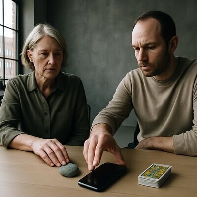 Due persone in un ambiente neutro: una ascolta, l&rsquo;altra prende fiato e posa il telefono, a simbolo del recupero di autonomia.