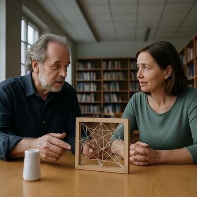 Due persone adulte in dialogo in un ambiente luminoso, con un elemento grafico di trama in primo piano a simboleggiare relazioni e confini.
