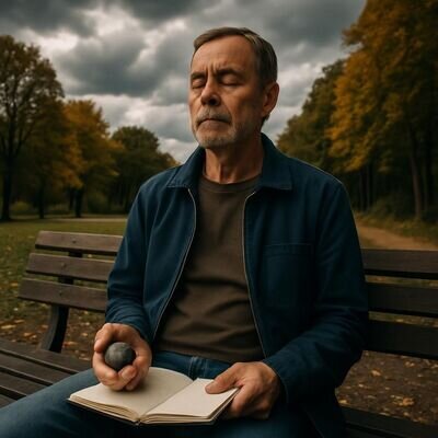 Persona in un parco che respira consapevolmente con un quaderno sulle ginocchia, in un momento di centratura.
