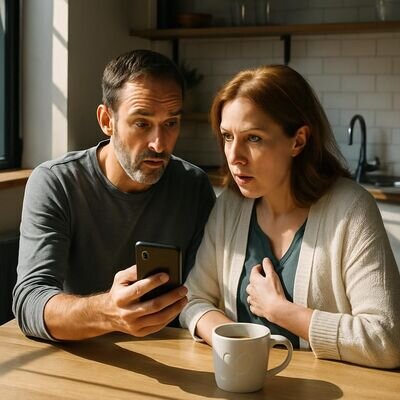Due partner adulti si guardano mentre uno mostra un messaggio sul telefono, atmosfera di sorpresa serena.