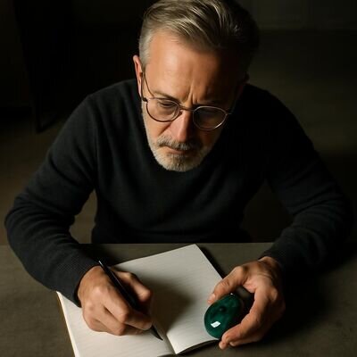 Una persona scrive un&rsquo;intenzione su un quaderno con una pietra accanto.