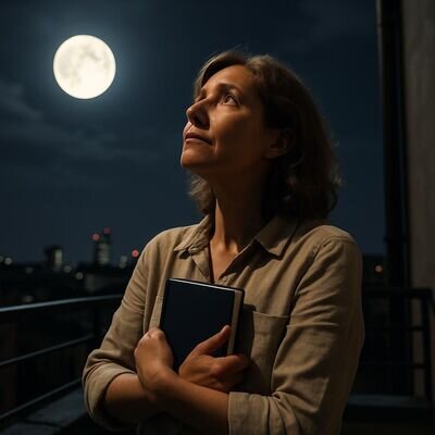 Una persona adulta guarda il cielo serale, in un momento di calma e riflessione sul proprio umore.