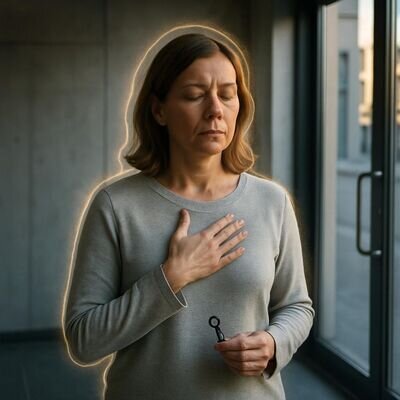 Persona adulta che si centra con un respiro prima di entrare in un contesto sociale.